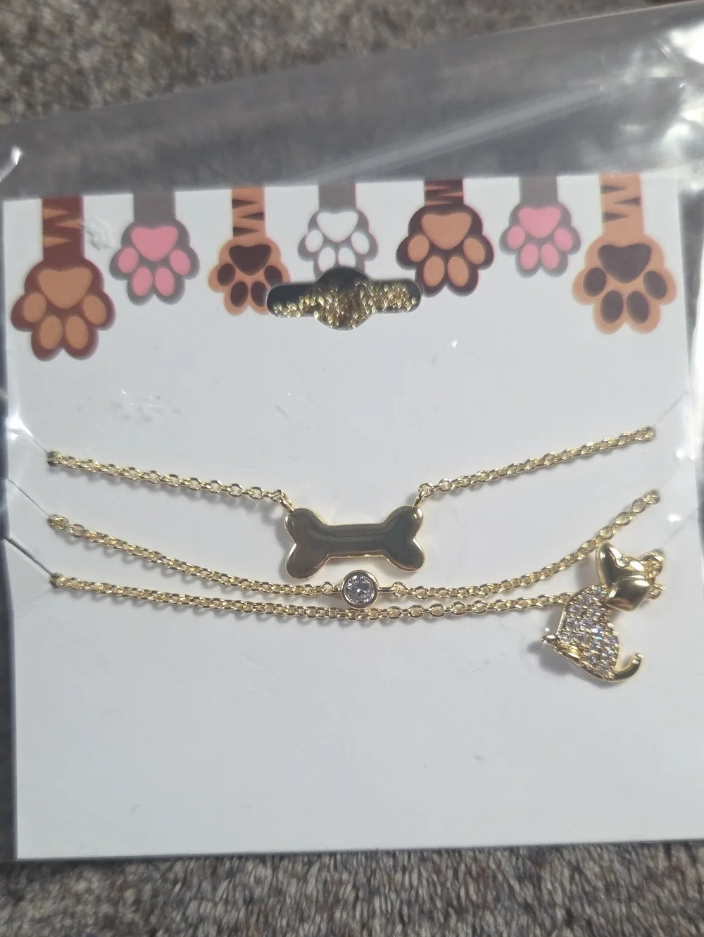 Gold Dog Bone & Paw Pendant Necklace Set - Pet Jewelry